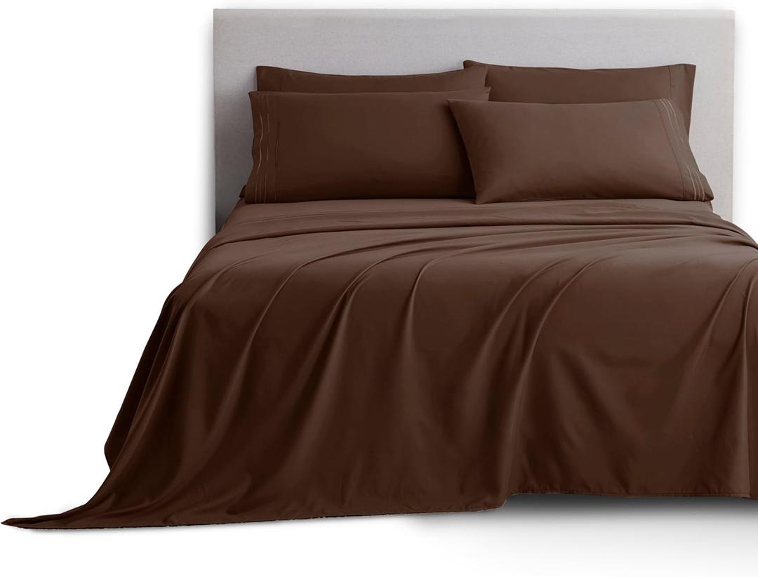CLARA CLARK  CAL KING Deluxe Sheet Set Flat Sheet(108"×102", 274cm×259cm)/ Fitted Sheet(72"×84",183cm×213cm)/ 4 Pillowcases (20"×40", 51cm×102cm) Braun