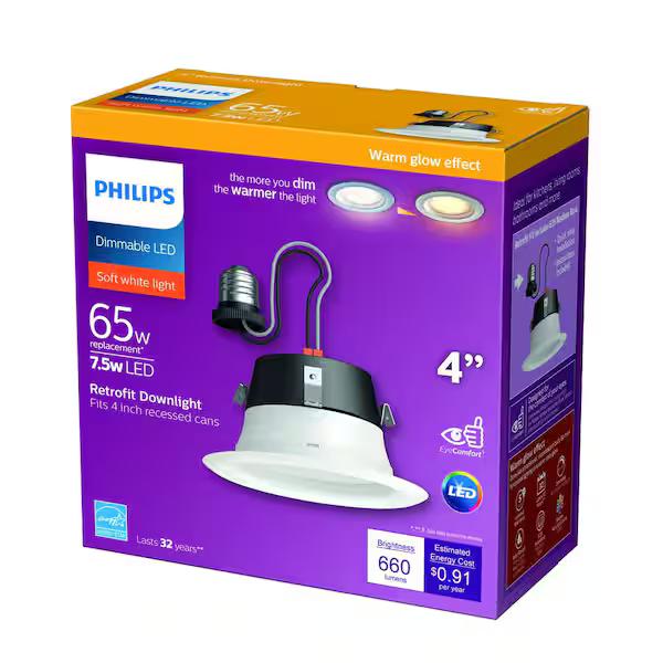 Philips
4 in. Integrated LED Soft White (2700K) Warm Glow 65-Watt Dimmable Recessed Light Retrofit Kit (1-Pack)