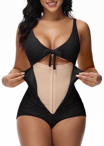 SHAPSHE Women Sexy Cutout One Piece Swimsuits Tummy Control High Waisted Halter Front Tie Knot Bathing Suit Black Swimsuit, L