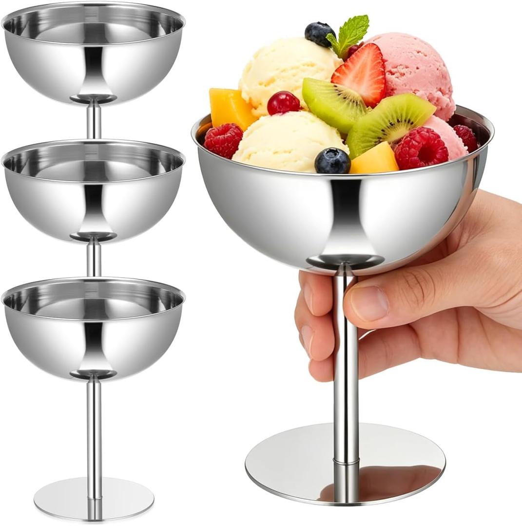 4PCS Stainless Steel Dessert Bowls, 5oz Ice Cream Cups, Stem Footed Metal Sundae Serving Dishes, Shatterproof Pudding Containers, Reusable Coupe Dessert Cup for Weddings Party Family Gathering(Silver)