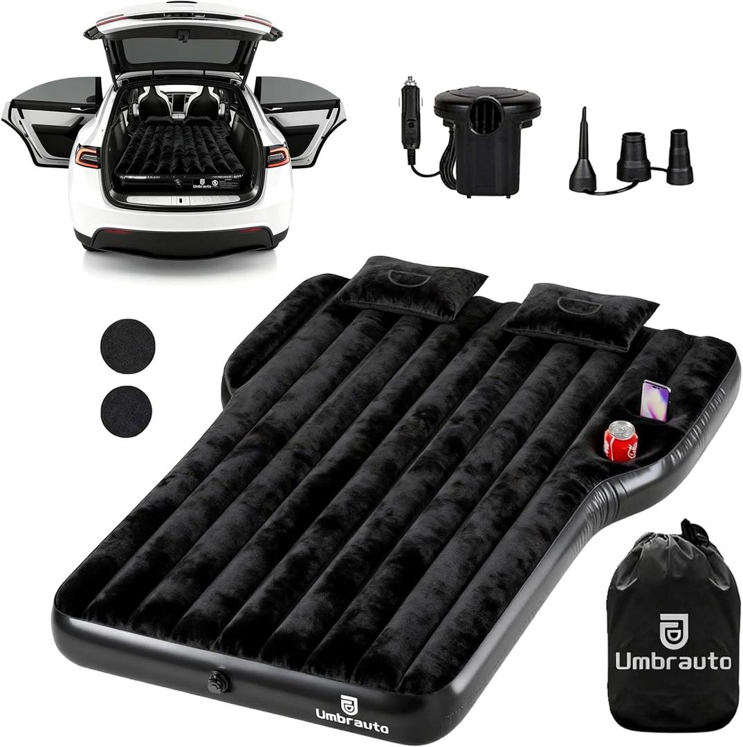 Umbrauto Custom Fit Air Mattress for Tesla Model Y/Juniper, 2026 Upgraded Inflatable Camping Bed for Back Trunk, Soft Flocking Surface+Reinforced Bottom Sleeping Pad w/Pump for Outdoor Travel