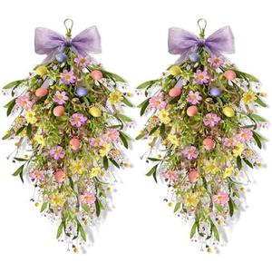 2 Pack 22'' Easter Swag Wreaths for Cabinets Easter Teardrop Wreath with Daisy Flower and Eggs Artificial Spring Teardrop Wreath Hanger for Farmhouse Front Door Porch Window Wall Hanging Decor