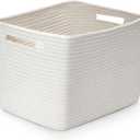 Storage Baskets for Organizing, 15 x 10 x 9 Closet Shelf Woven Baskets, Square Bins with Handles, Cotton Rope Basket for Toys, Books, Towels, clothes, office, room, White 1 Pack