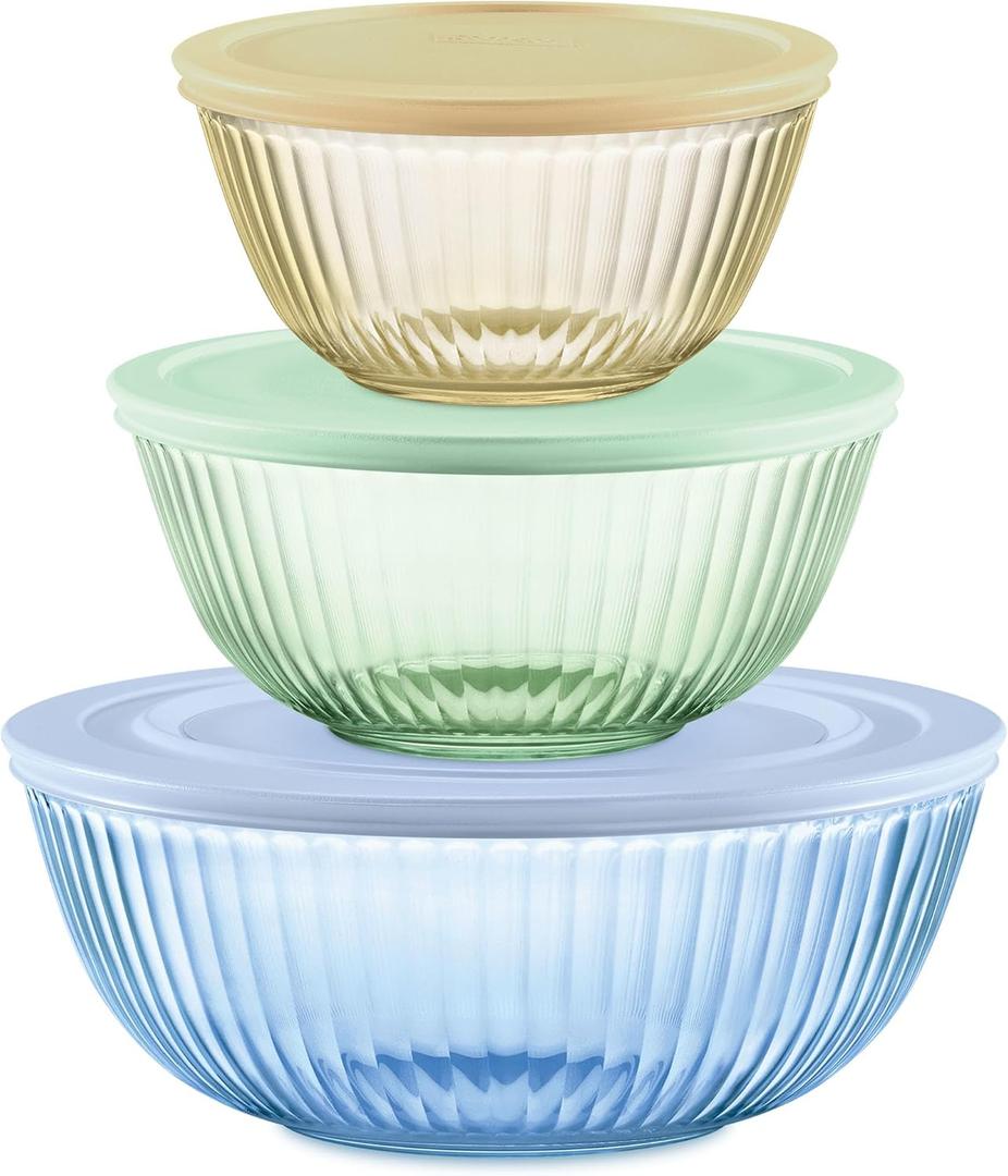 Pyrex Colors Tinted (3-Pack, Full Set) Sculpted Tinted Glass Mixing Bowls With Plastic Lids, Nesting Space Saving Set of Bowls For Prepping and Baking, 1.3QT, 2.3QT & 4.5QT, 3 Pack, Small/Medium/Large, With Lids