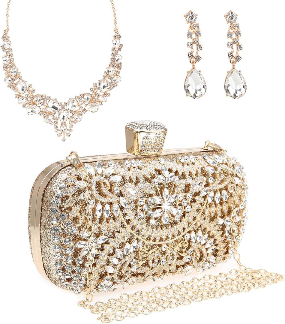 Womens Sparkly Rhinestone Crystal Clutch Bag Glitter Sequin Bridal Purse Evening Handbag for Wedding Party Prom (Full Gold With Necklace)
