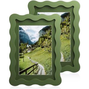 4x6 Wavy Picture Frame With Mat For 3.5x5, Wavy Edge Wooden Picture Frame with Real Glass - Wall Mount and Tabletop Display, Green, 2 Pack