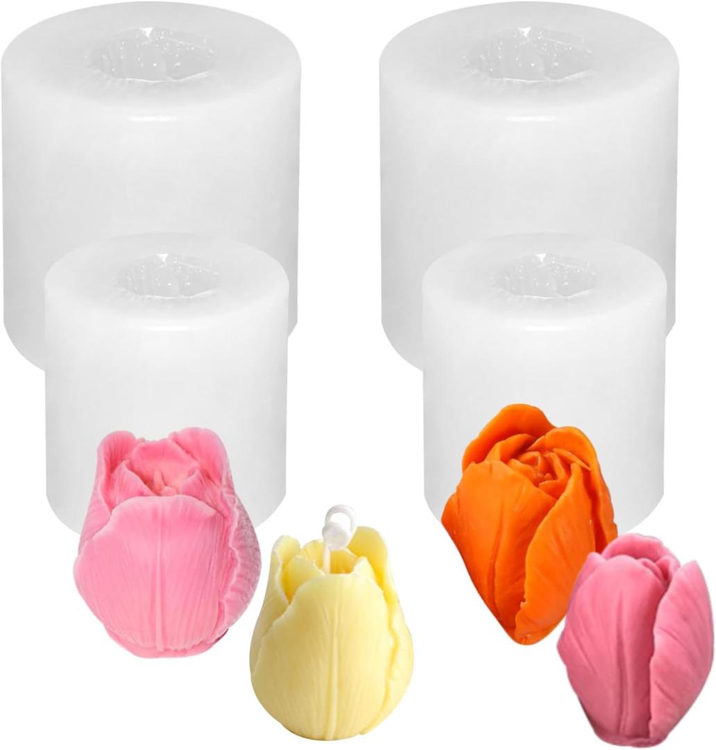 4 Pieces Tulip Molds 3D Tulip Candle Molds Tulip Flower Silicone Mold Flower Mold for Candle Making Silicone Molds for Soy Wax, Beeswax, Candle Making, Resin Craft, Clear