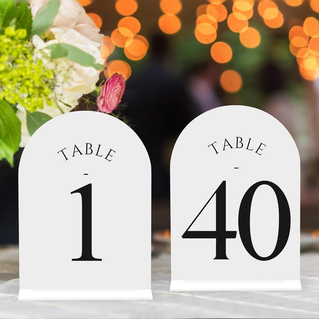 JOYIT Arch Wedding Table Numbers 1-40 with Stands Double-Sided Printed 5" X 7" Acrylic Signs with White Background Black Text, Perfect Acrylic Table Numbers for Wedding Receptions, Parties, Anniversaries, and Events