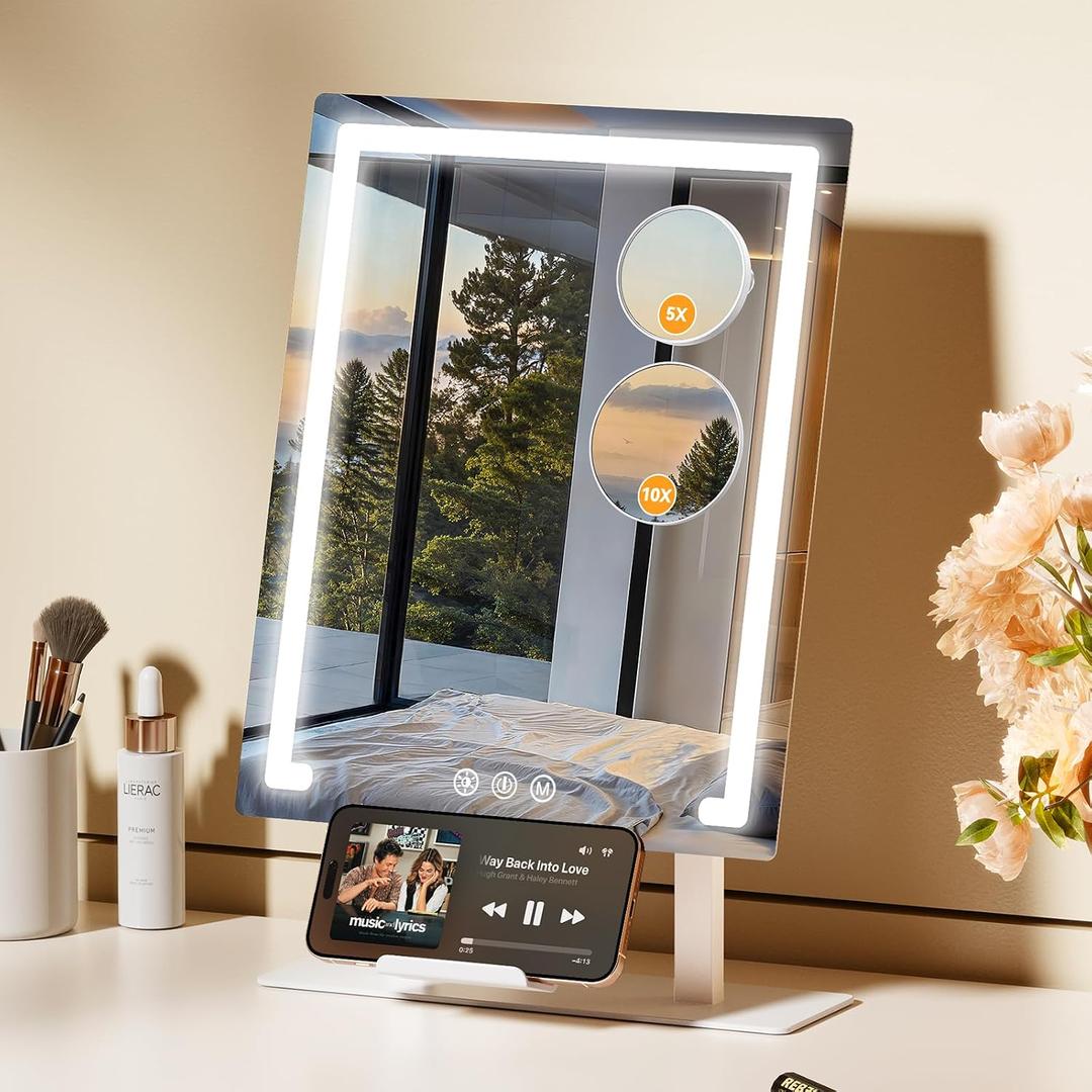 Gospire Lighted Makeup Mirror, Hollywood 4000mAh Rechargeable Vanity Mirror with 5X/10X Magnification, 3-Color Dimmable Lighting, Touch Control, Phone Holder, 11x16.8 LED Tabletop Mirror for Bedroom