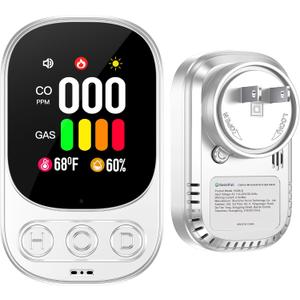 Combination Gas & Carbon Monoxide Detector Plug in 4in1 Natural CO Gas Temp Humidity Detectors with 2.1'' HD Screen & Indicator, Propane, Methane Combustible Gas Alarm,White
