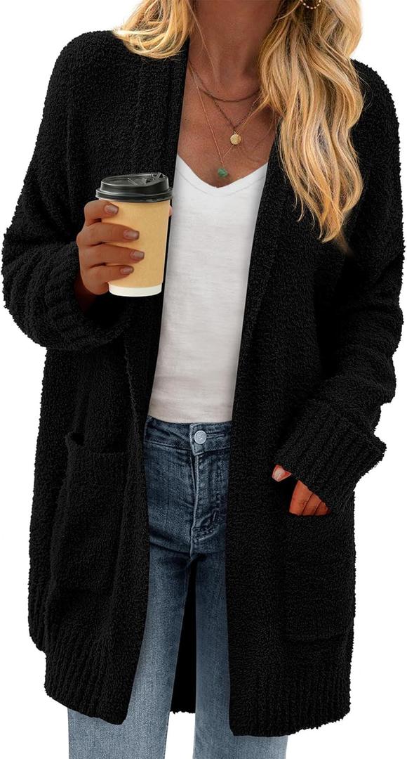 KIRUNDO Cardigan Sweaters for Women 2026 Fall Chunky Fuzzy Knit Open Front Loose Long Sleeve Sweater Coats Winter Clothing (Small, Black)
