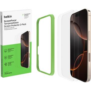 Belkin ScreenForce TemperedGlass Treated Screen Protector for iPhone 16 Pro - Slim & Scratch-Resistant - Includes Easy Align Frame for Bubble Free Application - 2-Pack