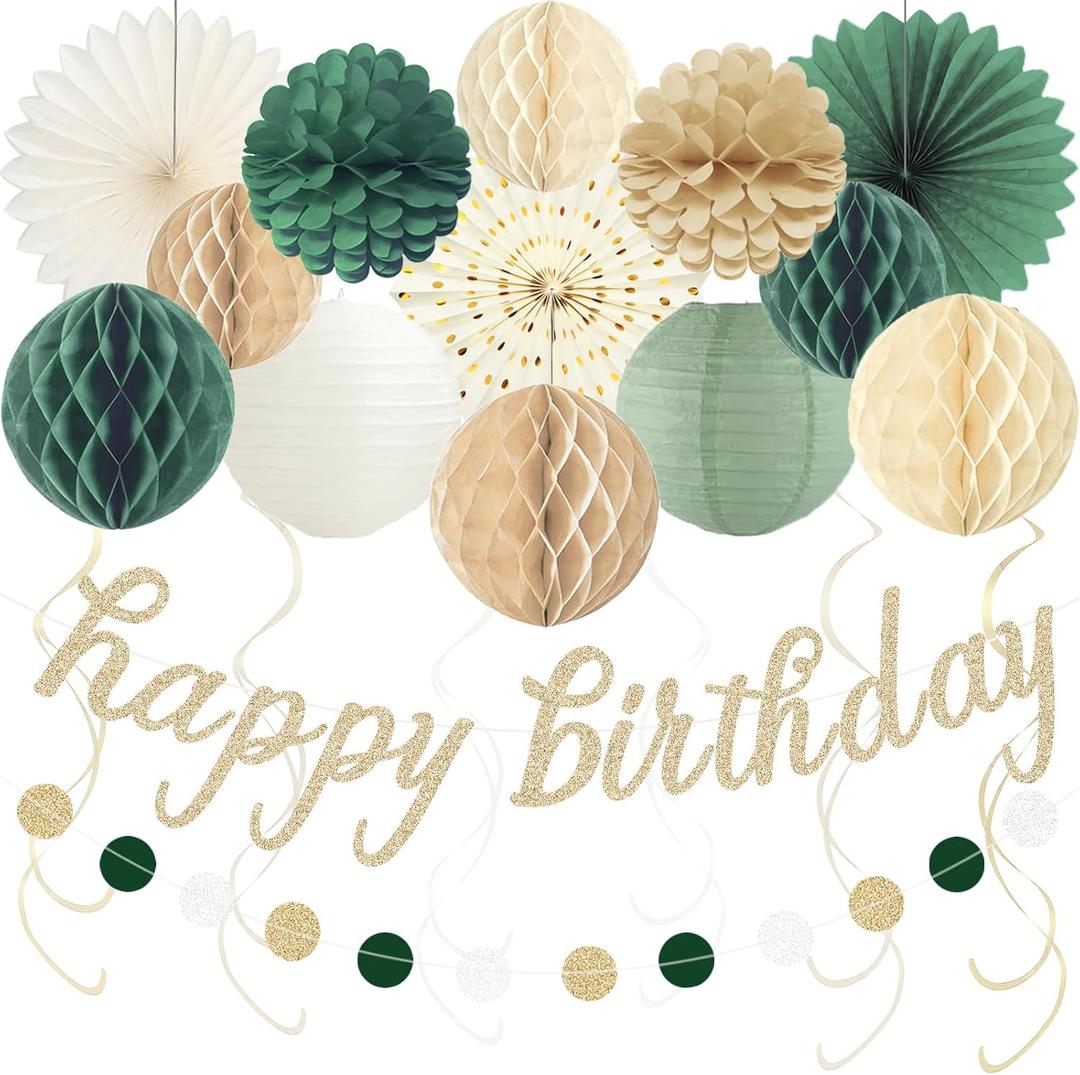 Sage Green Happy Birthday Decorations for Women, Pre-Strung Happy Birthday Banner with Honeycomb Balls, Paper Flowers, Lanterns, Hanging Swirls, Circle Dots Garland for Party Decor 24pcs (Sage Green Beige Champagne Gold)