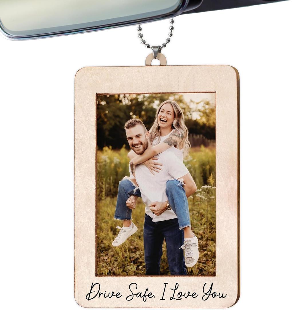 Car Decor Hanging Photo Frame, Valentine Gift for Him, Drive Safe Wooden Car Picture Holder, Rear View Mirror Accessories for Cars Decorations, Drive Safe I Love You