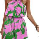 SweatyRocks Women's Boho Floral Print Halter Romper Sleeveless Criss Cross Front Short Jumpsuit (Green and Pink) Small