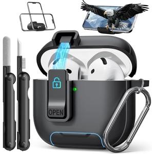 Pack Of 2 Compatible with AirPods 4th Generation Case with Phone Stand & Cleaning Kit,Magnetic Automatic Lock for Airpods 4 with Active Noise Cancellation Charging Cover(Black)