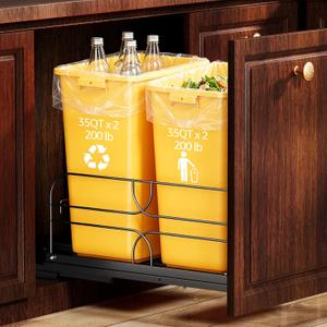 Double Pull Out Trash Can Under Cabinet with Soft-Close Slides, 200LB Heavy-Duty Black Under Sink Trash Can Pull Out for Kitchen, Fits Minimum Cabinet Opening 16" W x 23" D, Can Not Included