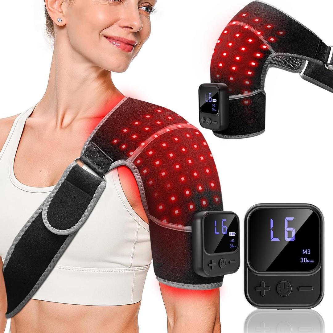 RELEXNOW Upgraded Cordless Red Light Therapy for Shoulder with Massage 5000mAh Rechargeable Near-Infrared Light Shoulder Brace Wrap with Heat & Vibration Massager for Left & Right Shoulders (Black)