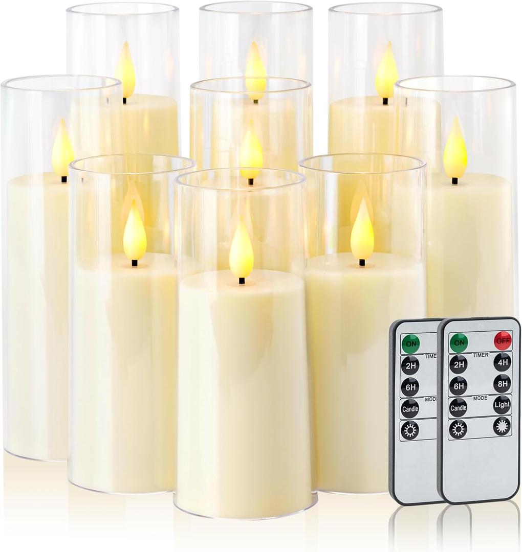 Amagic Ivory Flameless Candles with Remote, Battery Operated Candles with Timer, Acrylic Plexiglass Flickering LED Fake Candle for Wedding, Holiday, Home Decor, Set of 9, D2.2 x H5 6" 7" (Ivory White & Warm Yellow Glow)