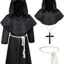Kids Medieval Renaissance Monk Costume Priest Friar Wizard Cloak Hooded Robe Cosplay Costume Belt Necklace Set - Missing Accessories