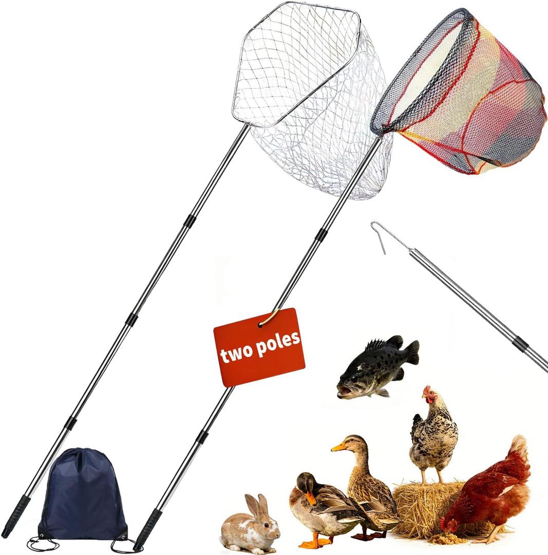 2-Pack Stainless Steel Adjustable Poultry Catching Net, 47" to 106" Adjustable Length, Heavy Duty Capture Net for Chickens Ducks Geese Birds & Fish, Includes 2 Nets & 2 Poles