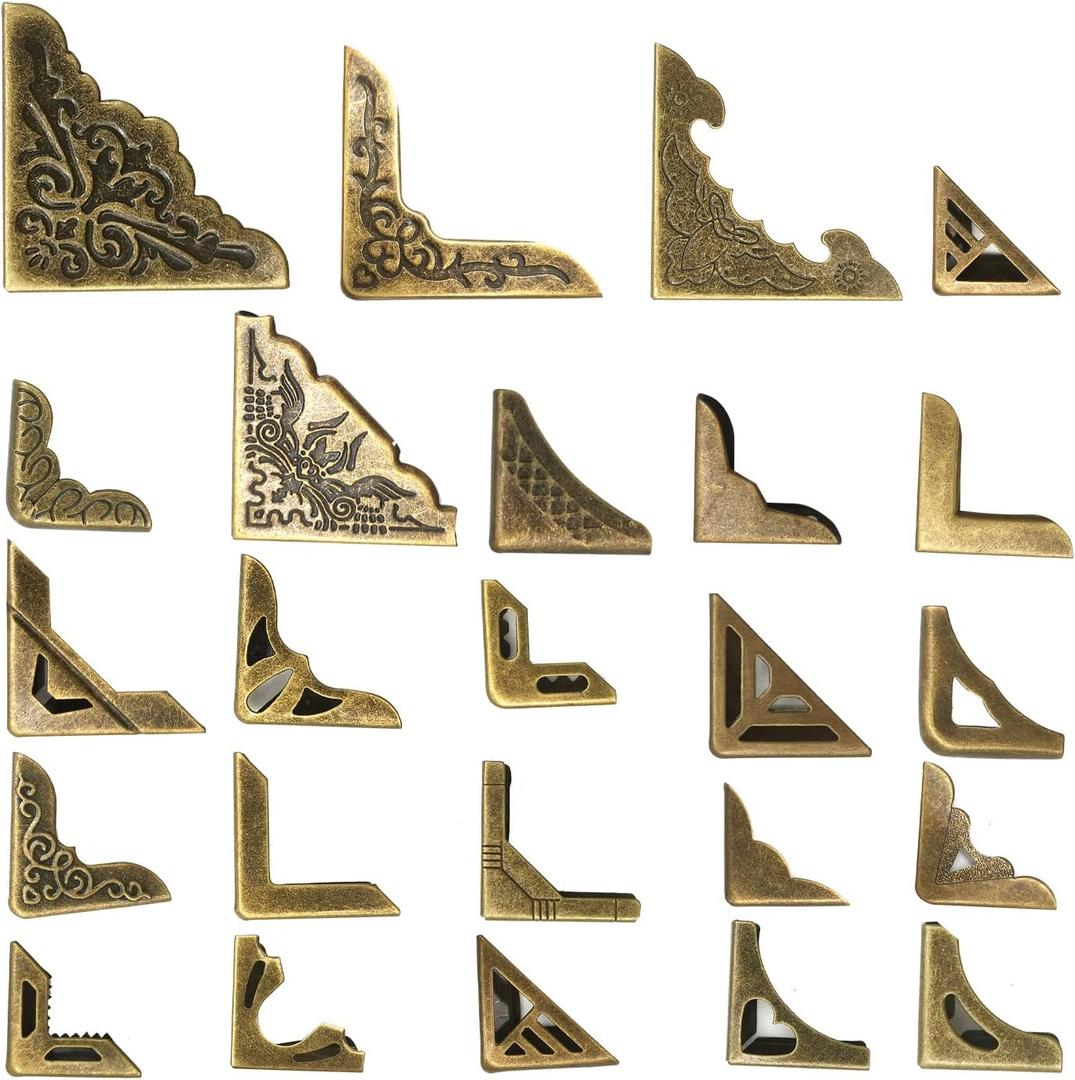 96PCS Metal Book Corner Protector, 24 Styles Iron Guard Edge Cover, Vintage Metal Decorative Cover Pad, for School Book Album Scrapbook Notebook, Desk Jewelry Case Box Gifts (Package A)