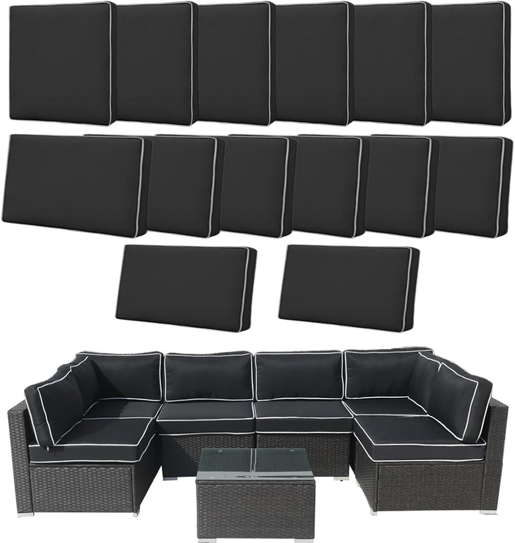 14 Pcs Patio Cushion Covers Replacement Outdoor Couch Cushions Covers Splashproof Sofa Slipcovers Set with Zippers,Patio Furniture Protector, Couch 3 Sizes, Covers Only (Black+White)