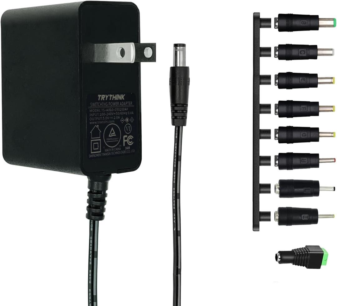 5V 2A Power Supply Adapter 10W AC100-240V to DC 5 Volt 2Amp 1A 1.5A 0.8A 0.5A Replacement Power Cord with 9 Interchangeable DC Plug for Baby Monitor TV Box Tablet Camera Webcam Router,etc (1 Pack)