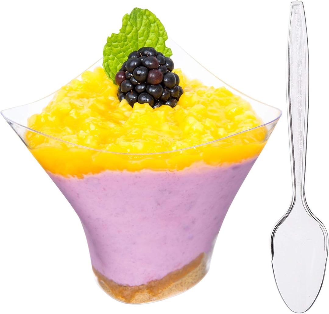 DLux 50 x 5 oz Mini Dessert Cups with Spoons, Large Swirl - Clear Parfait Appetizer Cup - Small Reusable Serving Bowl for Tasting Party Desserts Appetizers - With Recipe Ebook