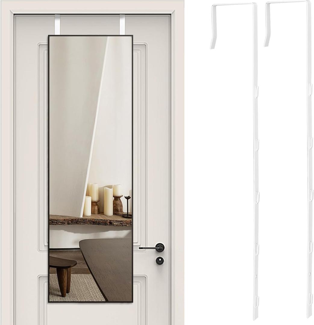 Over-The-Door Mirror Hanger 2Pcs Adjustable 14 in Mirror Door Hanger 5 Hole Over The Doors Mirrors Hooks Metal Hanging Kit for Doors (Mirrors Not Included, White)
