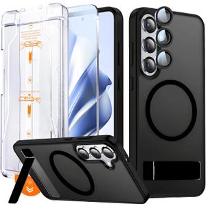 Strong Magnetic for Samsung Galaxy S24 Case with Screen Protector + Lens Protector, Fit for MagSafe,Mil-Grade Drop Protection, Seamless Stand, Translucent Black