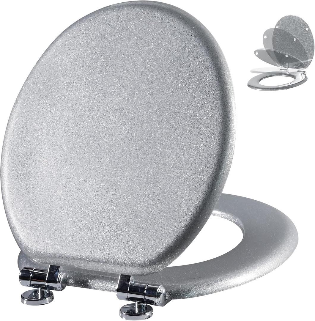 Angol Shiold Glitter Toilet Seat Molded Wood Round Toilet Seat with Quietly Close and Quick Release Hinges, Easy to Clean also Easy to Install (Round 16.5'', Silver)