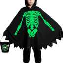 Unisex Glow in The Dark White Boo Ghost Halloween Cloak | Black Halloween Hooded Skeleton Cape Boys Girls & Adult