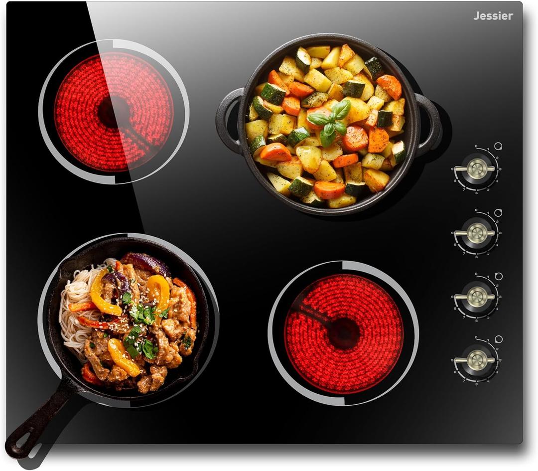 Electric Cooktop 24 Inch - 4 Burner Drop-in Radiant Electric Cooktop 6000W with Knob Control, 220-240V Electrical Ceramic Stove Top with 9 Heating Levels and Residual Heat Indication (No Plug)