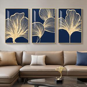 Framed Modern Luxury Wall Art for Living Room, Large Navy Blue and Gold Ginkgo Leaf Artwork for Walls, 3 Piece Contemporary Bright Style Floral Prints for Bedroom Office Hallway Wall Decor, 24x36 Inch