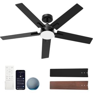 52 Inch Ceiling Fans with Lights, Black Smart Ceiling Fan Compatible with Alexa, LED Fan with Remote and 5 Two-Sided Blades, High CFM Ultra Quiet Large Fan for Bedroom, Living Room