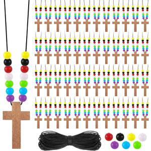 Kathfly DIY Wood Cross on Cord Pendant Necklace Sunday School Crafts for Kids Wood Cross Necklace with Colorful Beads Religious Party Favor for Vbs Church Easter Gifts