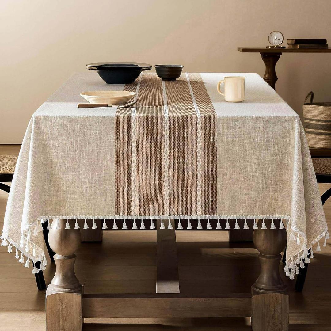 ZeeMart Contrast Linen Table Cloth 60x84 Inch (Fit 5ft, Narrow Fit 6ft Rectangle Table), Brown Farmhouse Heavy Weight Beige Tablecloth, Water Resistant Burlap Table Cover