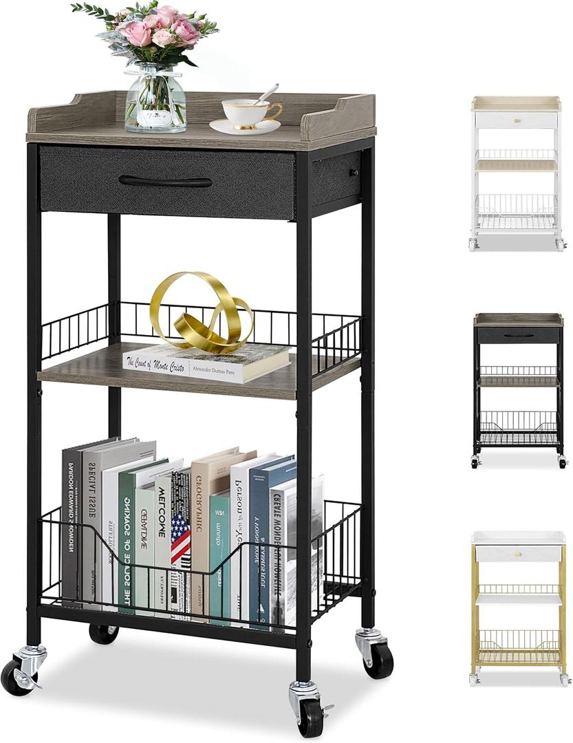 4-Tier Tall Side Table with Optional Wheels, Narrow End Table with Drawer and Shelves, Tall Nightstand for Dorm, 30" High Small Storage Table for Living Room, Bedroom, Bathroom, Black &Grey