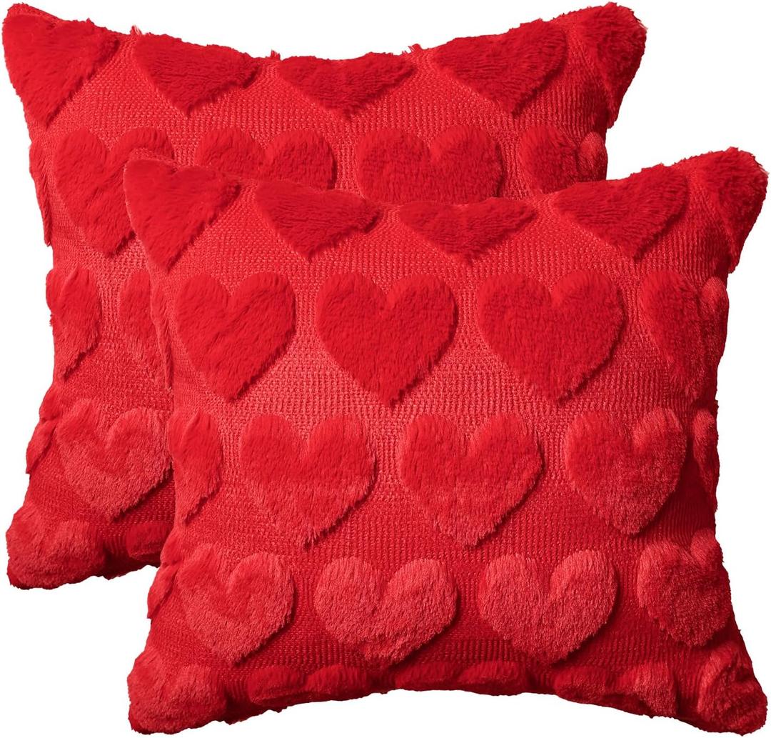 AVOIN colorlife Valentine's Day Love Heart Red Throw Pillow Covers Set of 2, 20 x 20 Inch Anniversary Wedding Home Decor Soft Plush Faux Fur Jacquard Cushion Case for Sofa Couch