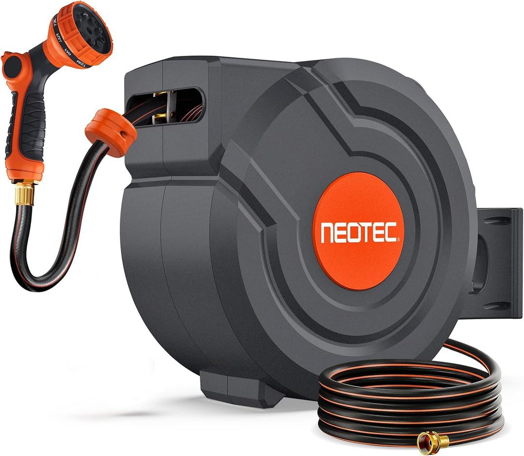 Upgraded Retractable Garden Hose Reel 5/8" x 100 ft 9 Pattern Nozzle Any Length Lock Wall-Mounted Automatic Slow Return 180 Swivel UV Resistant Heavy Duty Hose Reels for Outside