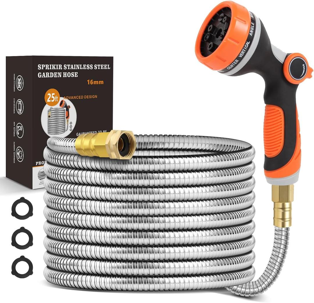 3- Pack Metal Garden Hose 25ft Copper Bullet, Heavy Duty Stainless Steel Water Hose with 10 Function Sprayer Nozzle, Leaf-Proof Kink Free Lightweight for Outdoor,Yard,Lawn,Patio, Car