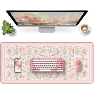 HAOCOO French Floral Desk Mat, Pink Desk Cover Mat, 35.4" x 15.7" Cute Long Mouse Pad, Aesthetic Flower Desktop Mat Accessories, Waterproof Teacher Desk Mat for Work, Study