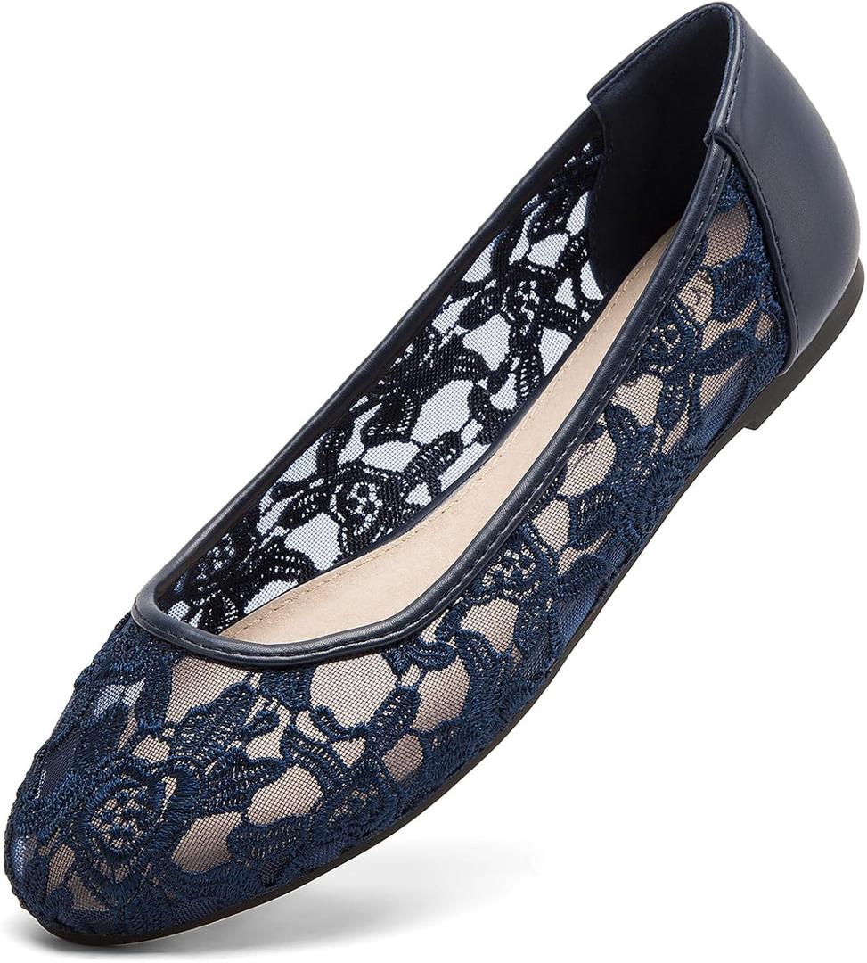 Greatonu Women Shoes Cut Out Slip On Synthetic Lace Ballet Flats (7 US, Navy)