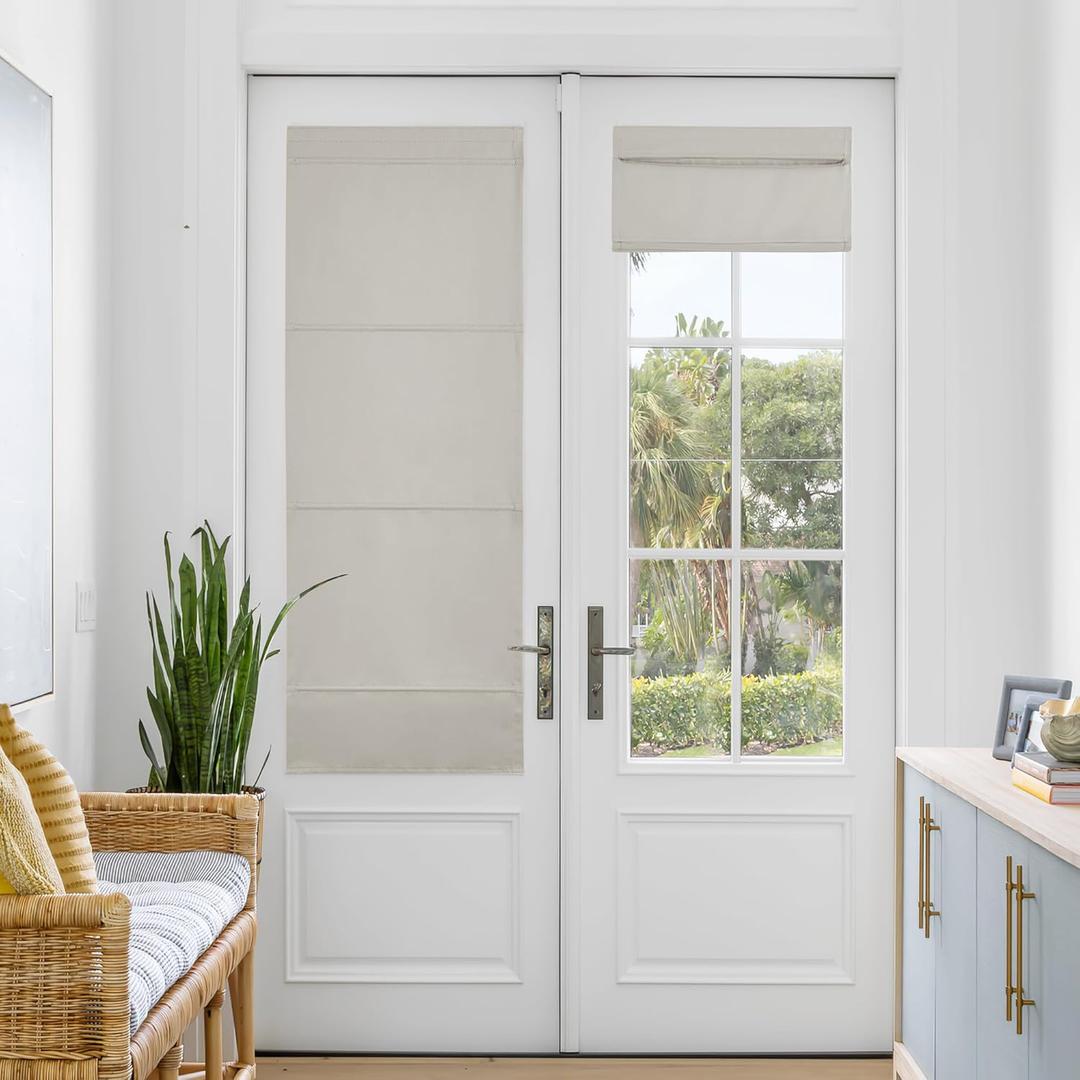 NICETOWN Magnetic Blackout Door Blinds, No Drill Roll Up French Door Curtain for Window, Thermal Insulated Light Blocking Shades for Sidelight Glass Window, 24" W x 64" L, Natural, 1 Panel