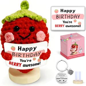 Happy Birthday Crochet Strawberry Gifts: 'Happy Birthday, You're BERRY Awesome' Strawberry with Emotional Positive Support Card & Base, Party Decorations for Women Daughter Friends Sister Classmates
