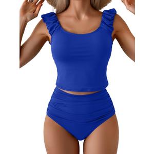 Eomenie Tankini Swimsuits for Women Ruched Tummy Control Bathing Suits Two Piece Swim Tank Top with High Waisted Bottom (Small, Royal Blue)