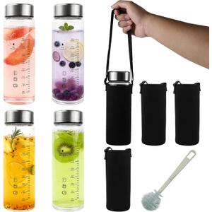 Glass Juice Water Bottles 4 Pack 20 OZ,Wide Mouth Glass Water Bottles with Lids and Sleeve,for Juicing, Smoothies, Milk, Protein, Reusable, Leak Proof, Shaker bottle