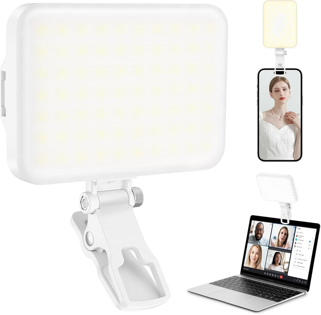 60 LED Portable Selfie Light Video Conference Lighting with Clip & Camera Tripod Adapter Rechargeable 2200mAh CRI 97+, 9 Light Modes for Phone iPhone Webcam Laptop Photo Makeup (Pearl White)