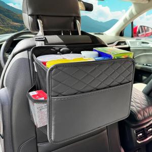 Upgraded Extra Large Car Seat Organizer Backseat with 3 Storage Pockets, Multipurpose Car Organizer Hanging Car Trash Bag Can Premium PU Leather Garbage Can 3 Gallon Large Capacity, Black